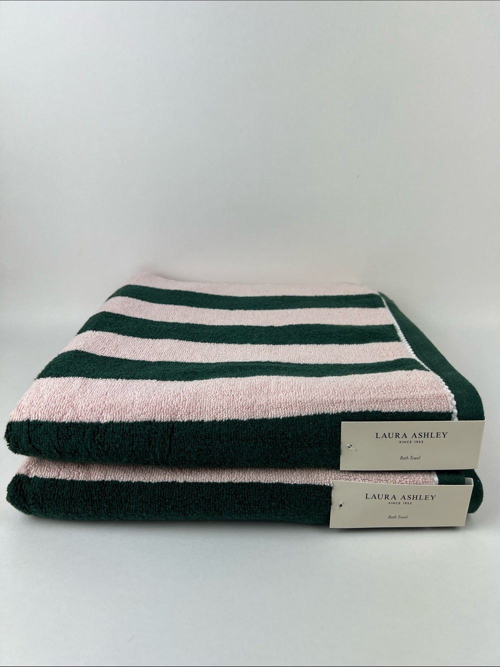 Laura Ashley Bath Towels Sunshine Stripe Pink Dark Green Soft Cotton 2 Pc NEW - Picture 2 of 8